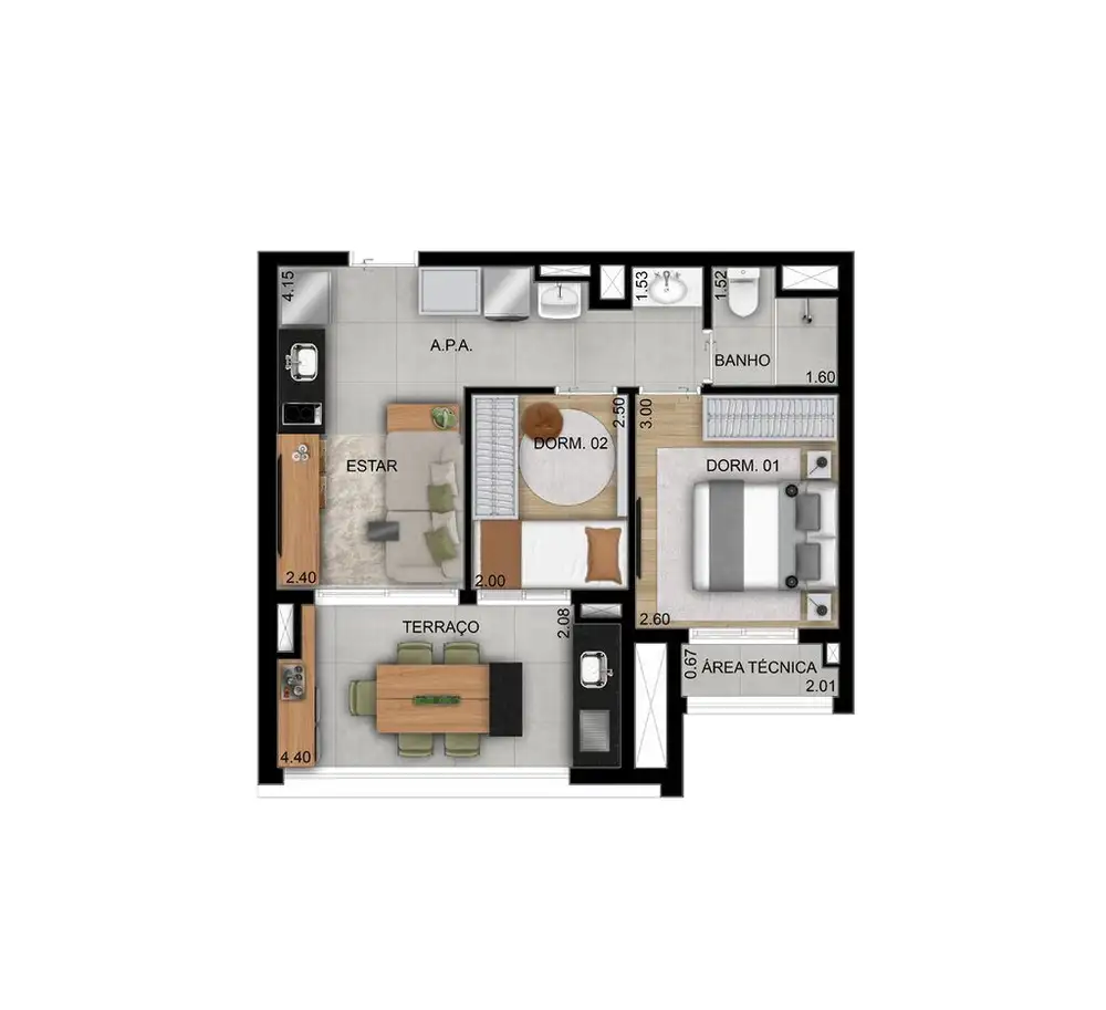 Planta 2 dormitórios 48 m²