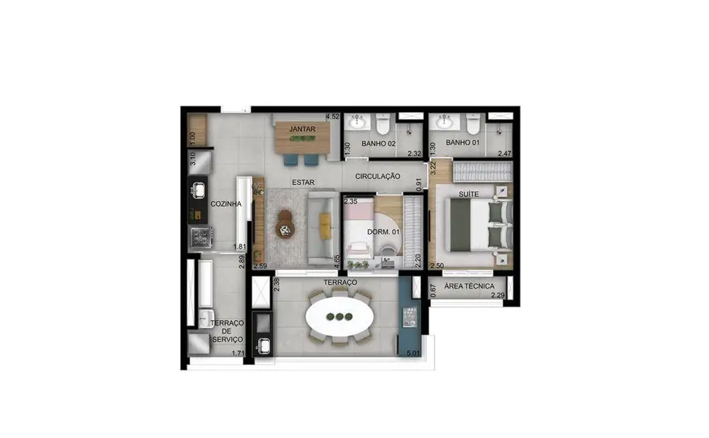 Planta 2 dormitórios 69 m²