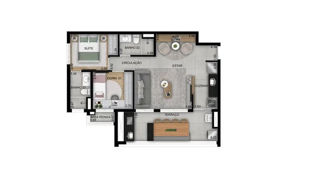 Planta 2 dormitórios – opção de planta 69 m²
