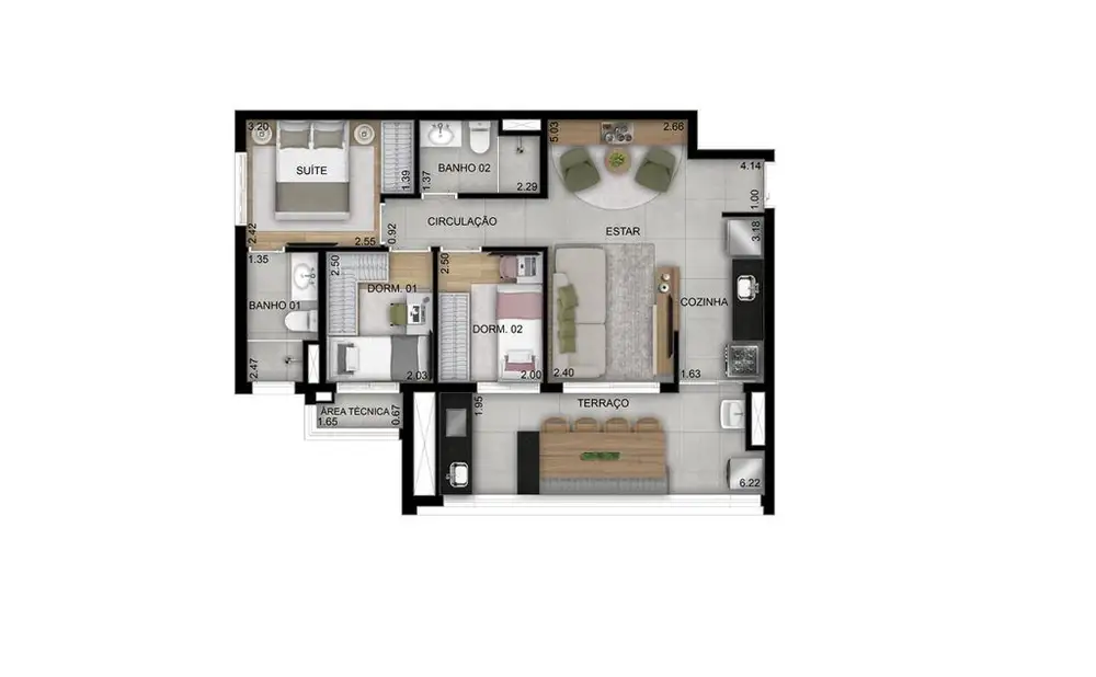 Planta 3 dormitórios 69 m²