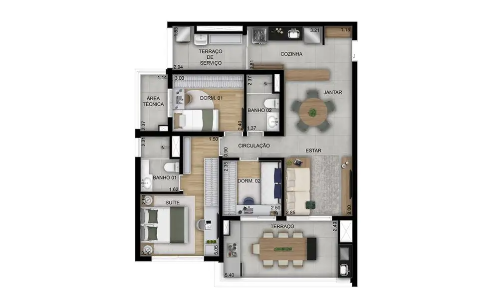 Planta 3 dormitórios 94 m²