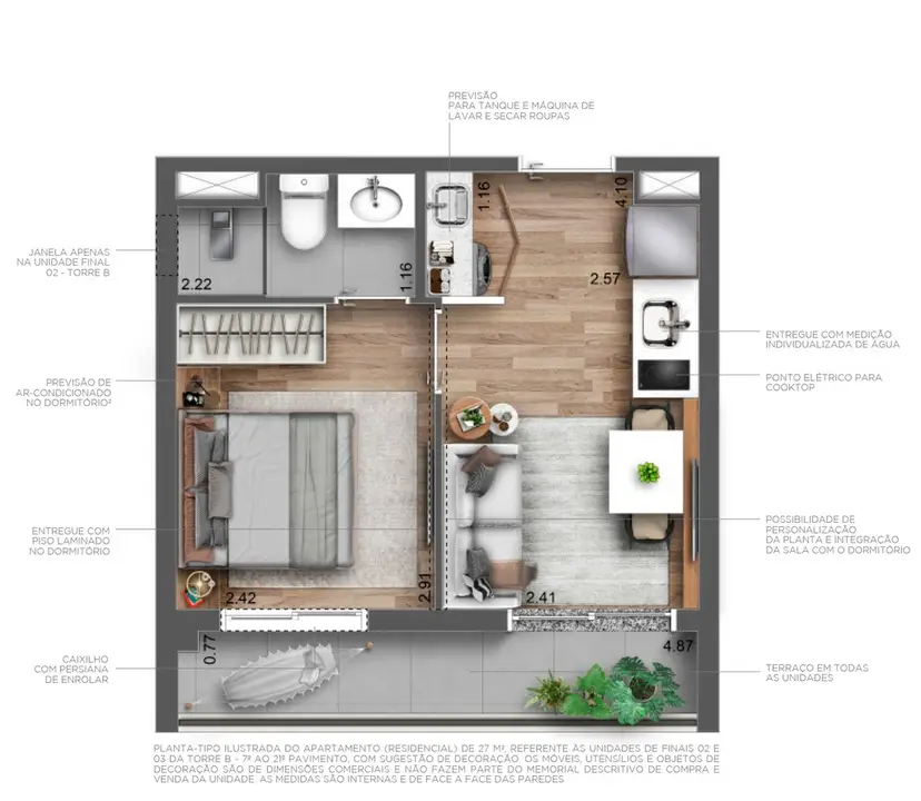 Planta 1 dormitório 27 m²