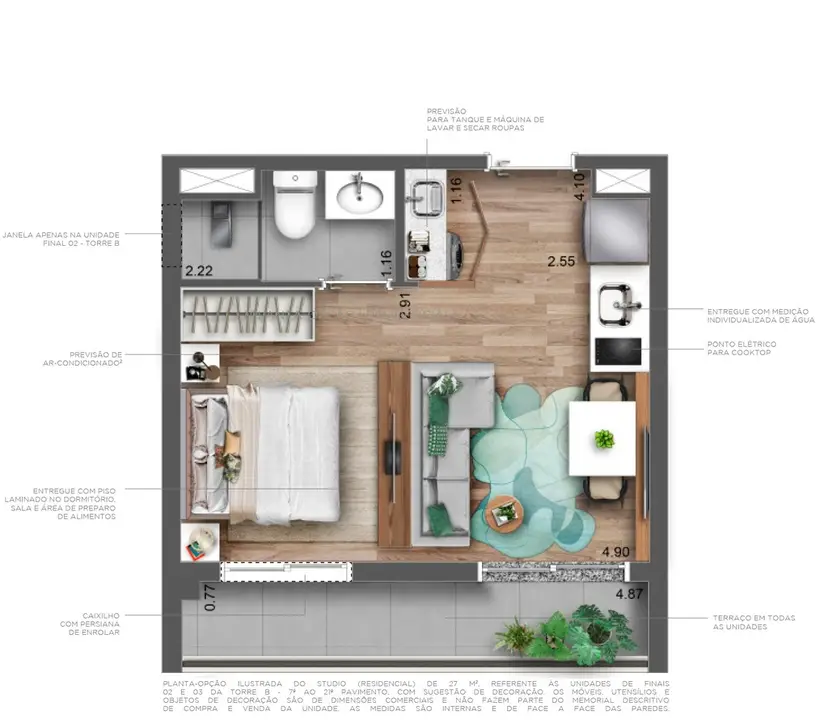Planta 1 dormitório – opção de planta 27 m²