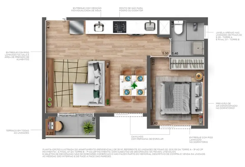 Planta 1 dormitório – opção de planta 35 m²