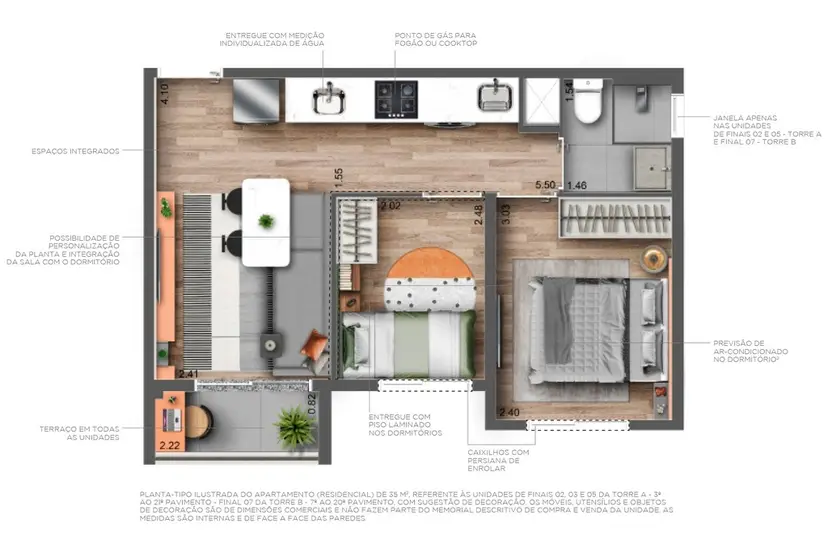 Planta 2 dormitórios 35 m²