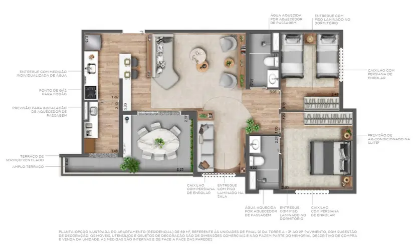 Planta 2 dormitórios – opção de planta 69 m²