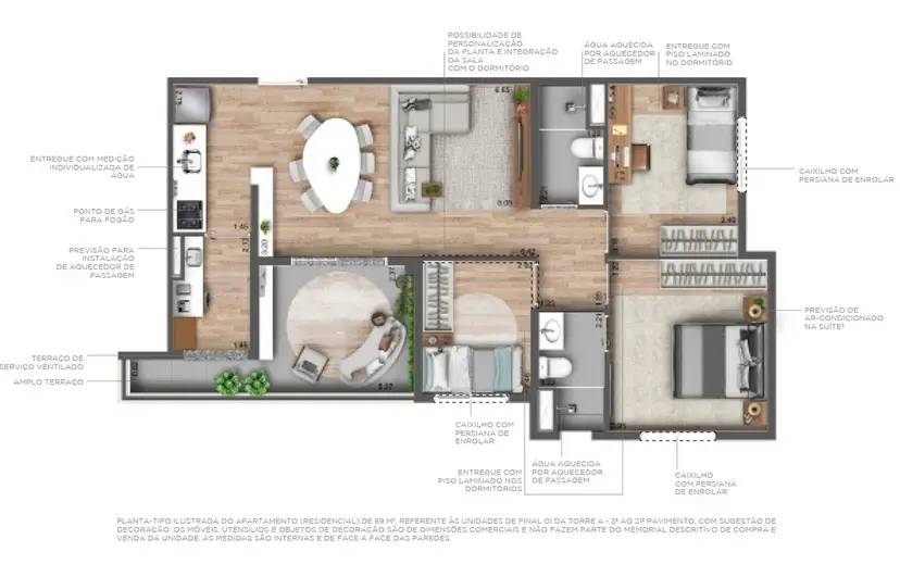 Planta 3 dormitórios 69 m²
