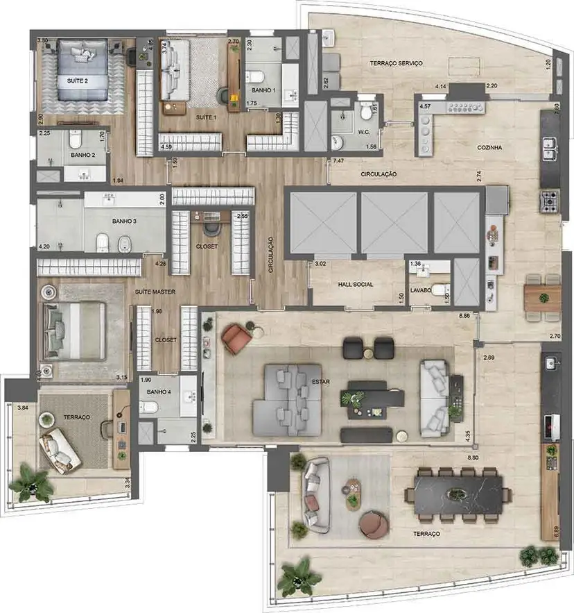 Planta 3 dormitórios 281 m²
