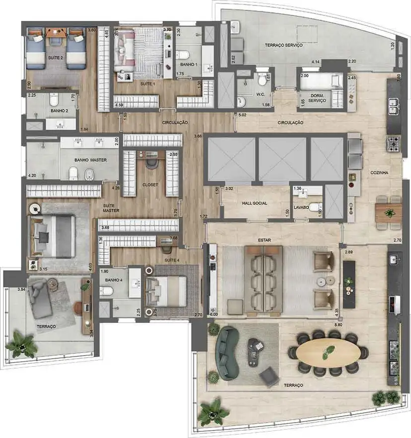 Planta 4 dormitórios 281 m²