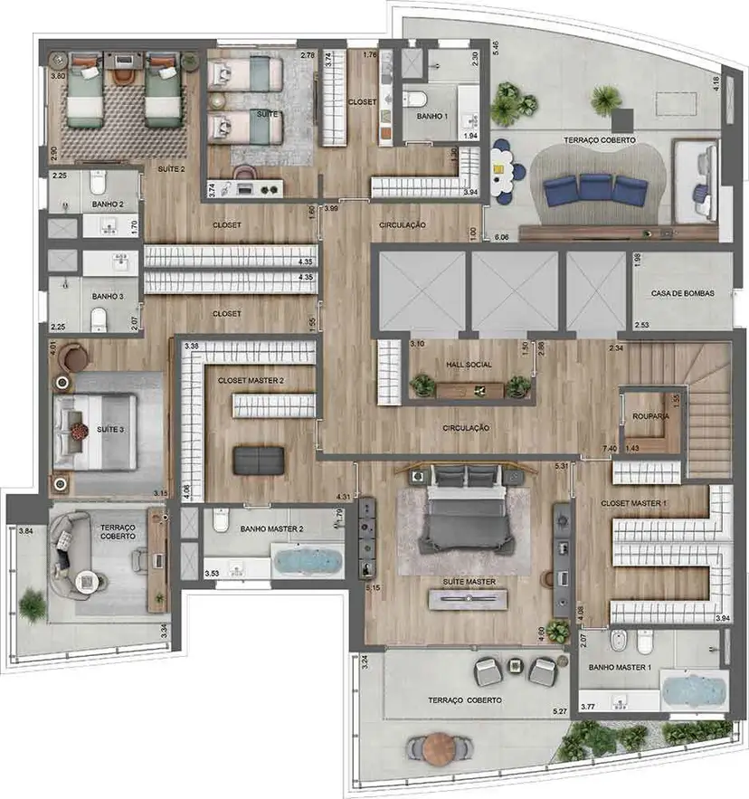 Planta 4 dormitórios – cobertura, duplex 557 m²