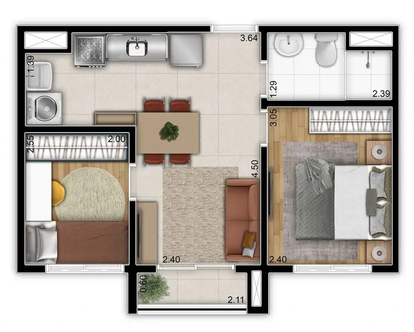 Planta 2 dormitórios 36 m²
