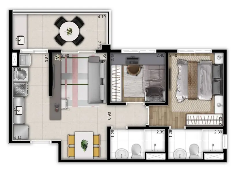 Planta 2 dormitórios 52 m²