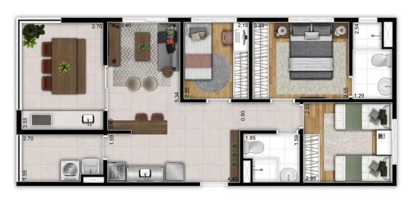 Planta 3 dormitórios 71 m²