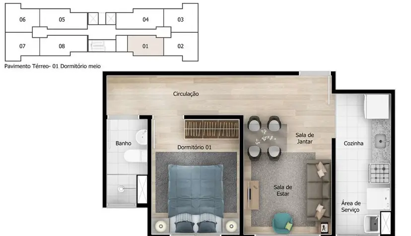 Planta 1 dormitório 34,13 m²