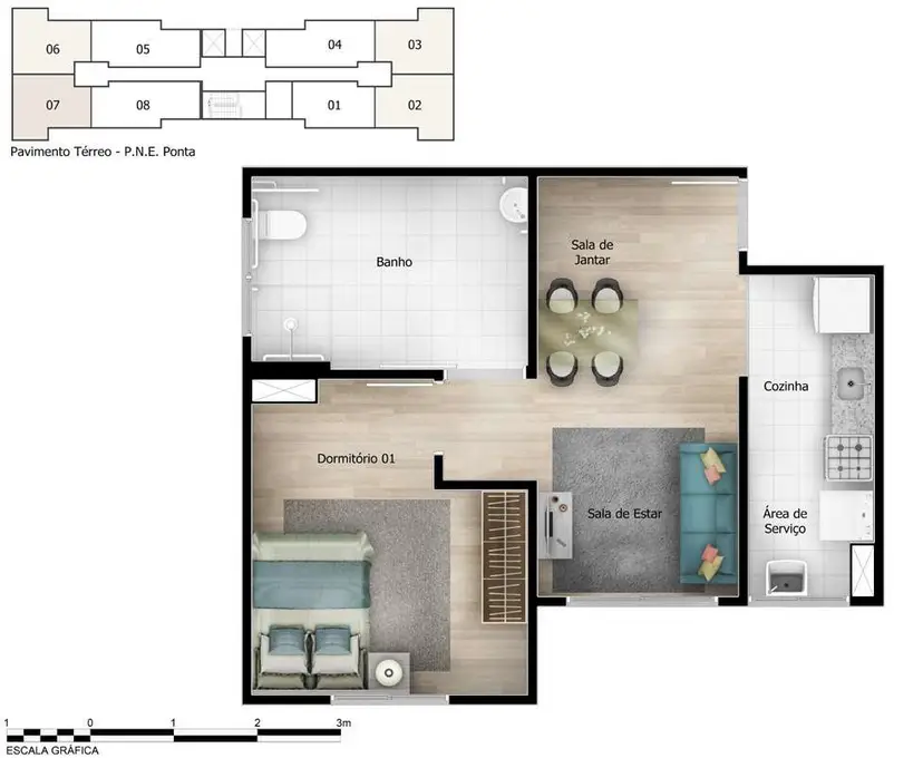 Planta 1 dormitório 42,09 m²