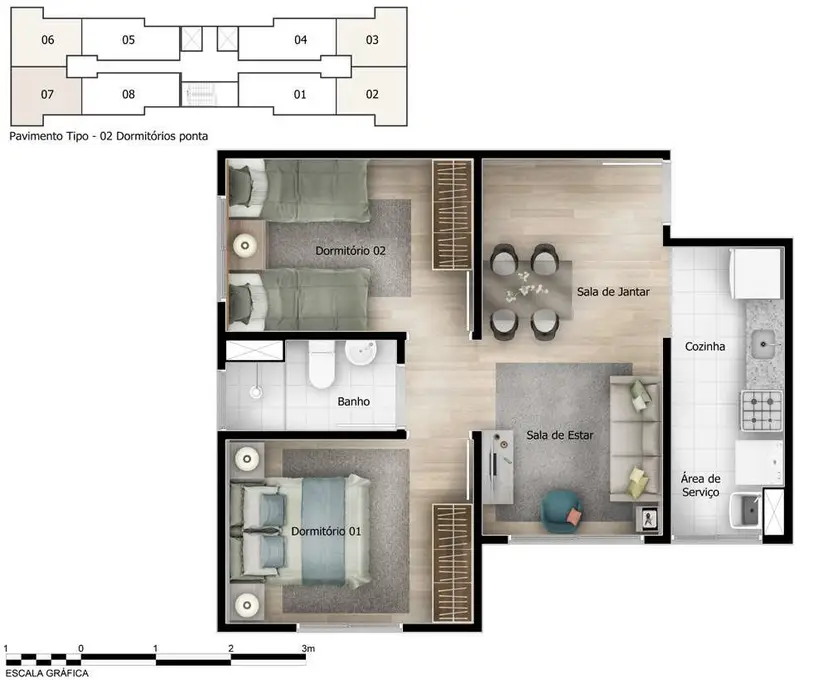 Planta 2 dormitórios 42,09 m²