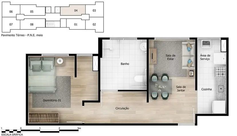 Planta 1 dormitório 44,17 m²