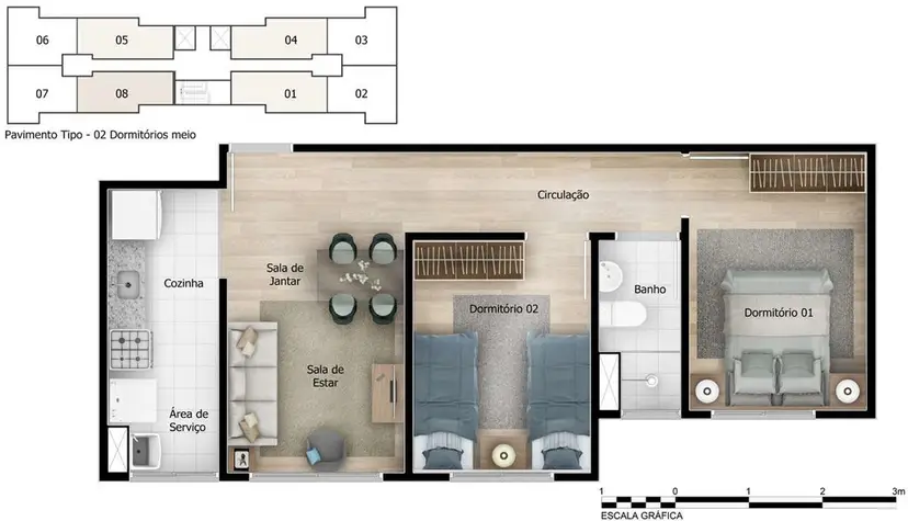 Planta 2 dormitórios 44,17 m²