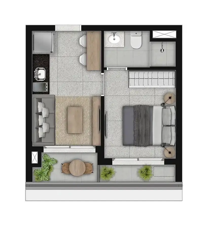 Planta 1 dormitório 29,78 m²