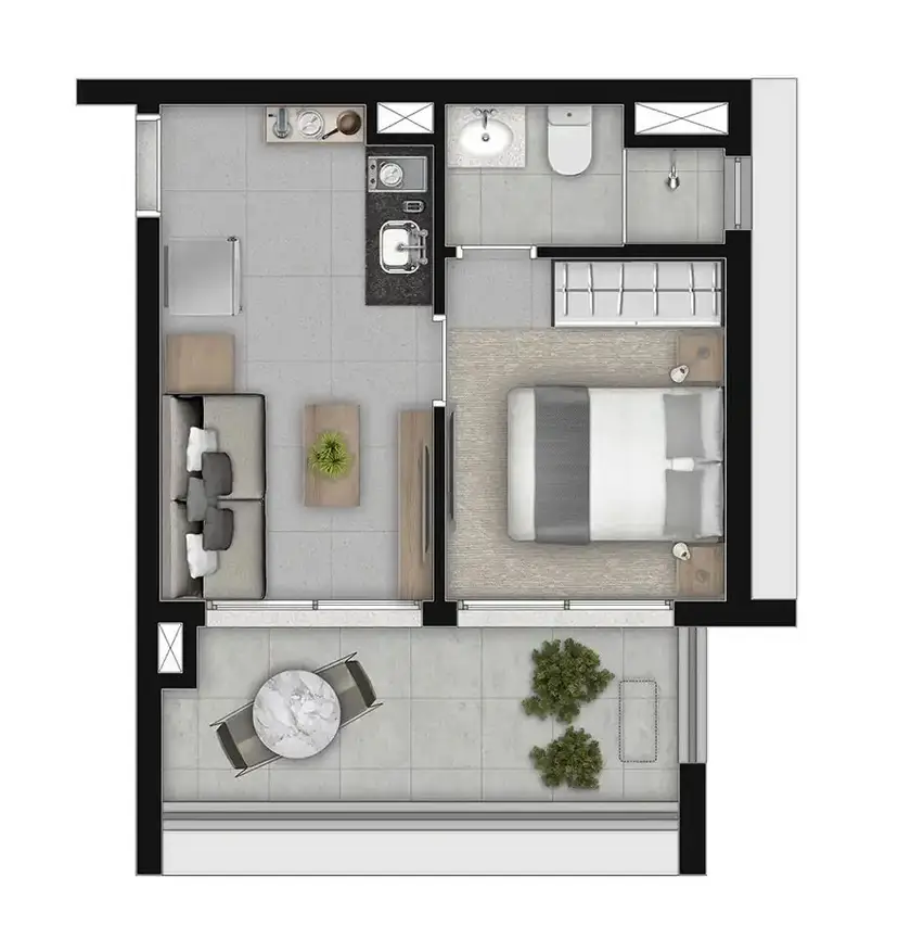 Planta 1 dormitório 29,79 m²