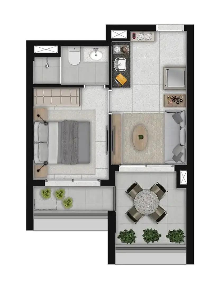 Planta 1 dormitório 34,99 m²
