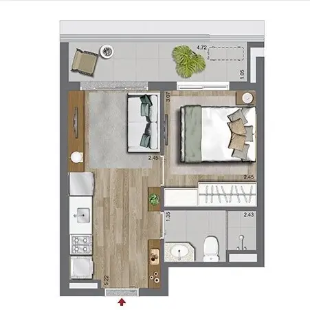 Planta 1 dormitório 34 m²