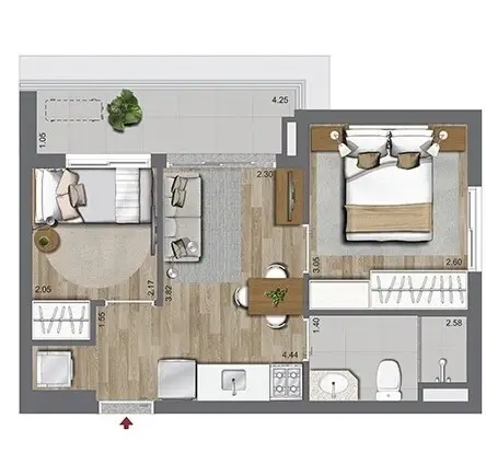 Planta 2 dormitórios 39 m²