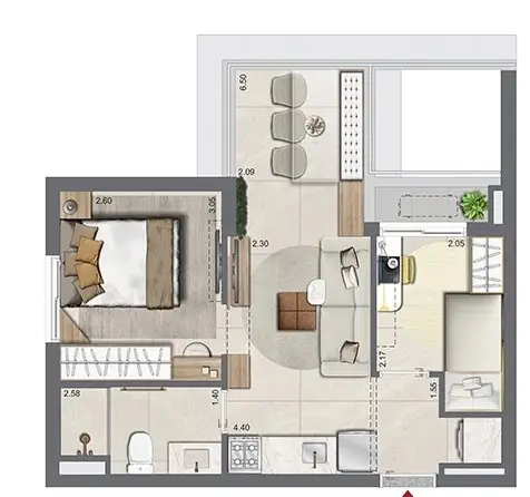 Planta 2 dormitórios 42 m²