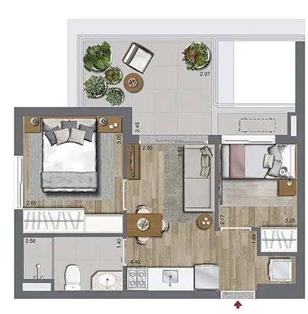 Planta 2 dormitórios 42 m²