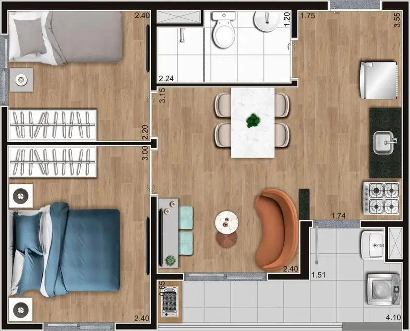 Planta 2 dormitórios 38 m²