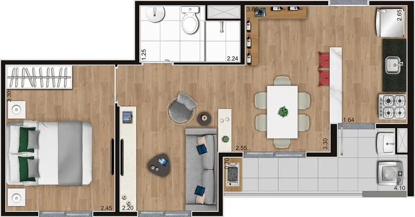 Planta 1 dormitório – opção de planta 39 m²
