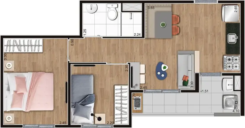 Planta 2 dormitórios 39 m²