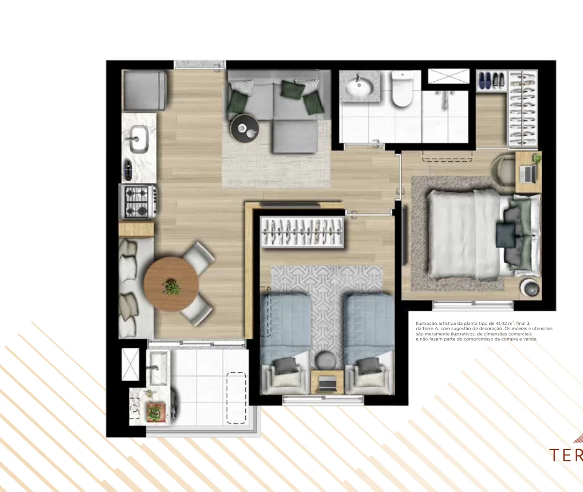 Planta 2 dormitórios com closet e terraço 41 m²