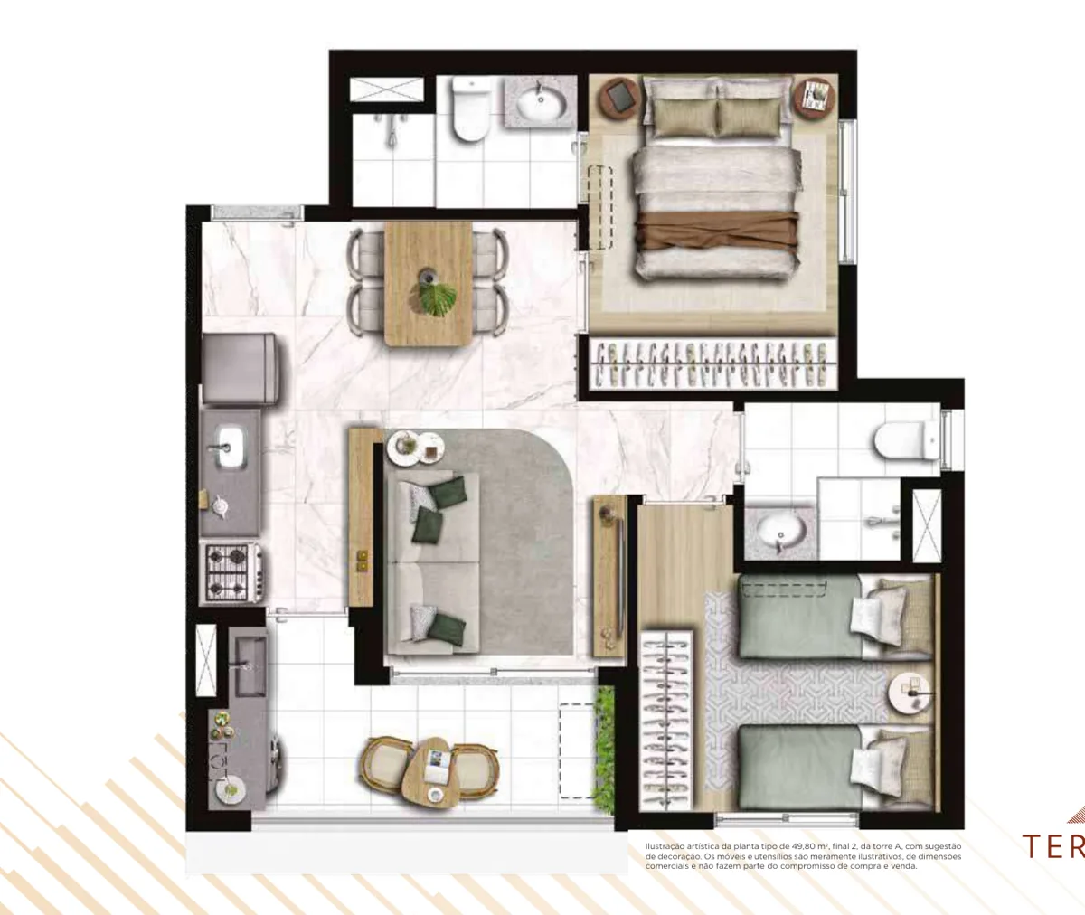 Planta 2 dormitórios com suíte e terraço 50 m²