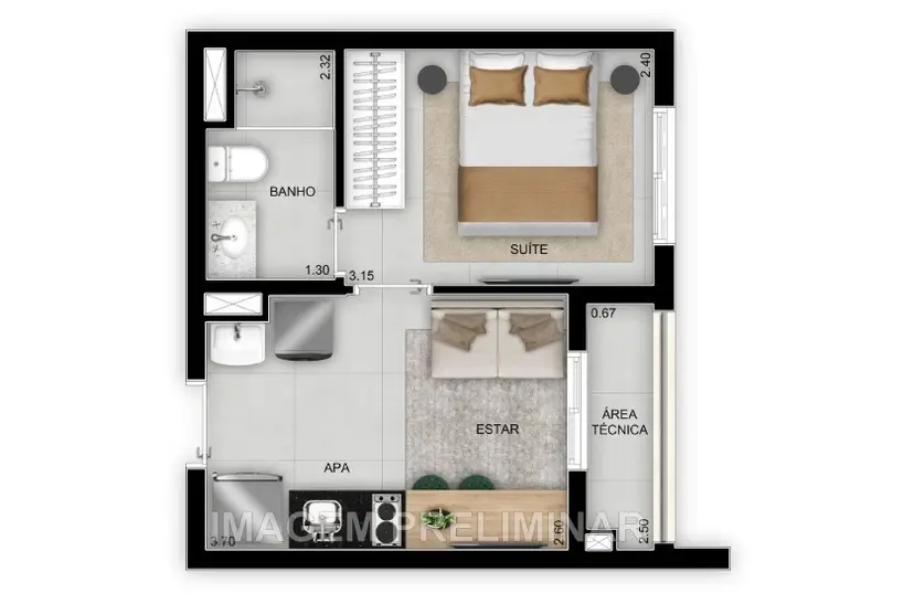 Planta 1 dormitório 26 m²