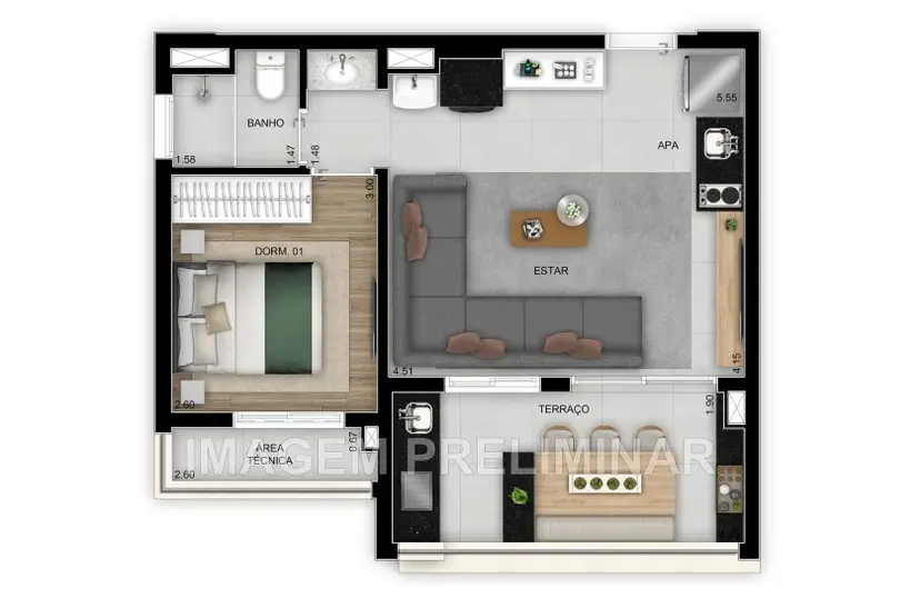 Planta 1 dormitório – opção de planta 47 m²