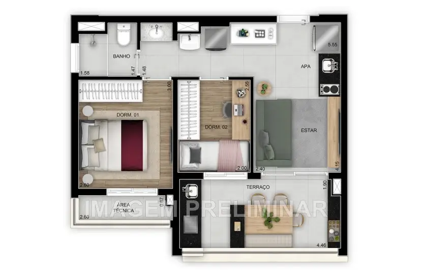 Planta 2 dormitórios 47 m²