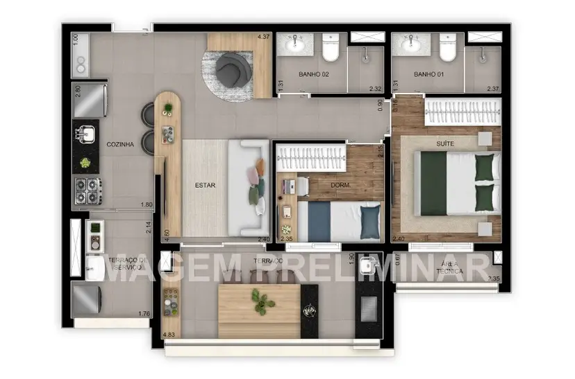 Planta 2 dormitórios 64 m²
