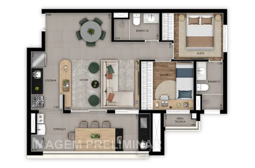 Planta 2 dormitórios – opção de planta 69 m²