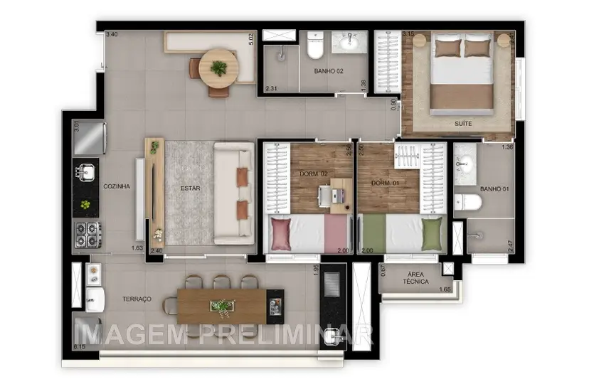 Planta 3 dormitórios 69 m²