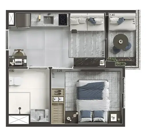 Planta 1 dormitório 28,67 m²