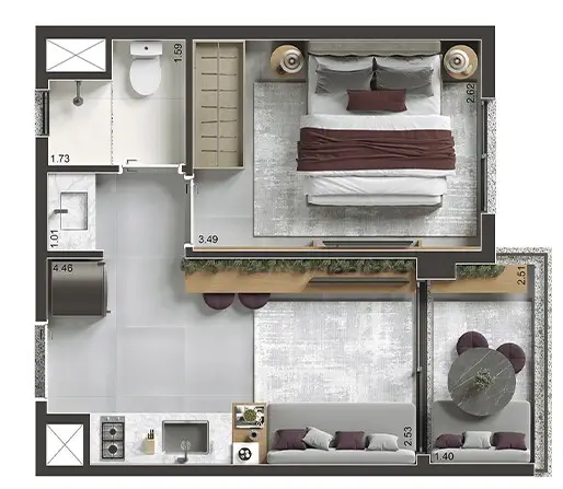 Planta 1 dormitório 29,31 m²
