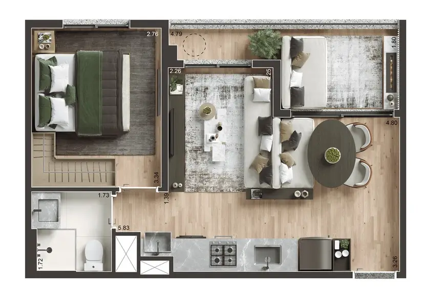Planta 1 dormitório – opção de planta 39 m²