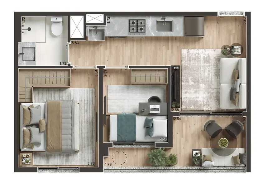 Planta 2 dormitórios 39 m²