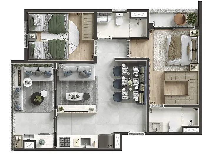 Planta 2 dormitórios 63,13 m²