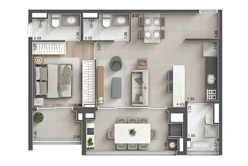 Planta 1 dormitório – opção de planta 68,75 m²