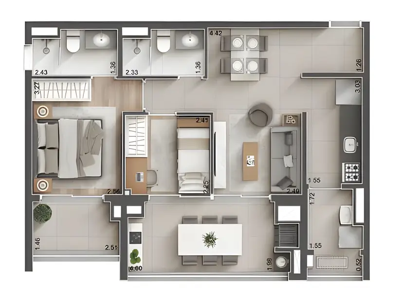 Planta 2 dormitórios 68,75 m²