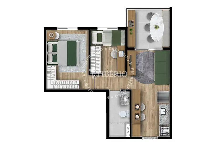 Planta 2 dormitórios 30,50 m²