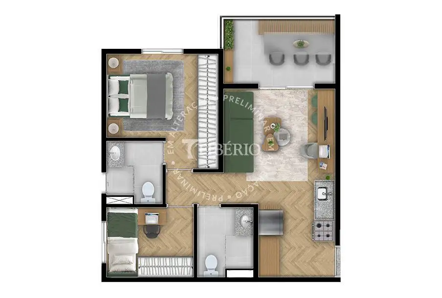 Planta 2 dormitórios 48,09 m²