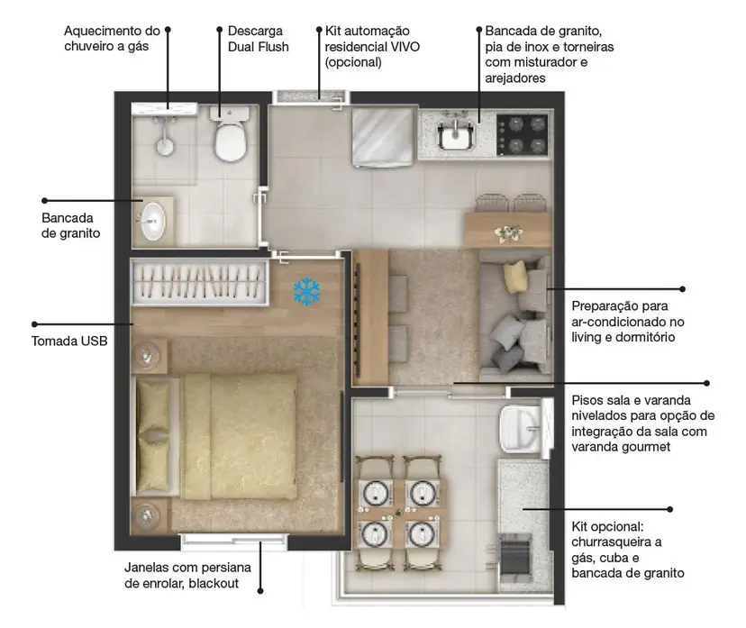 Planta 1 dormitório 27,68 m²